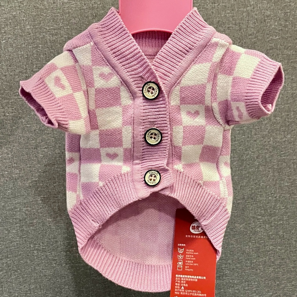 Lavender Checkered Dog is Cardigan Sweater with Hearts